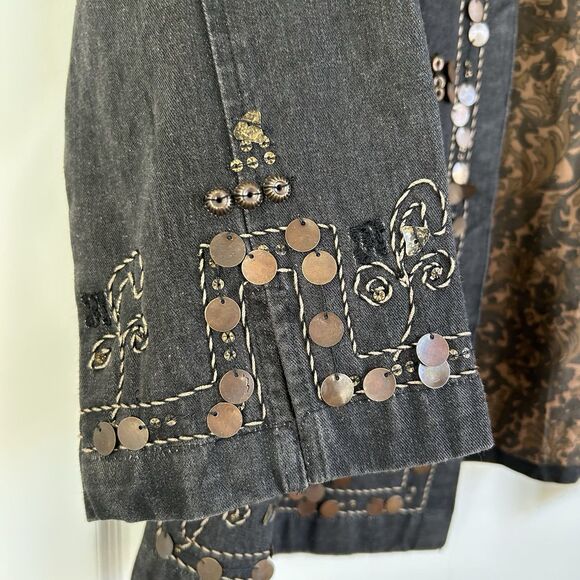 Coldwater Creek Open Jacket Black Denim Sequin Trim Sz Large Boho Cottagecore - Picture 4 of 13